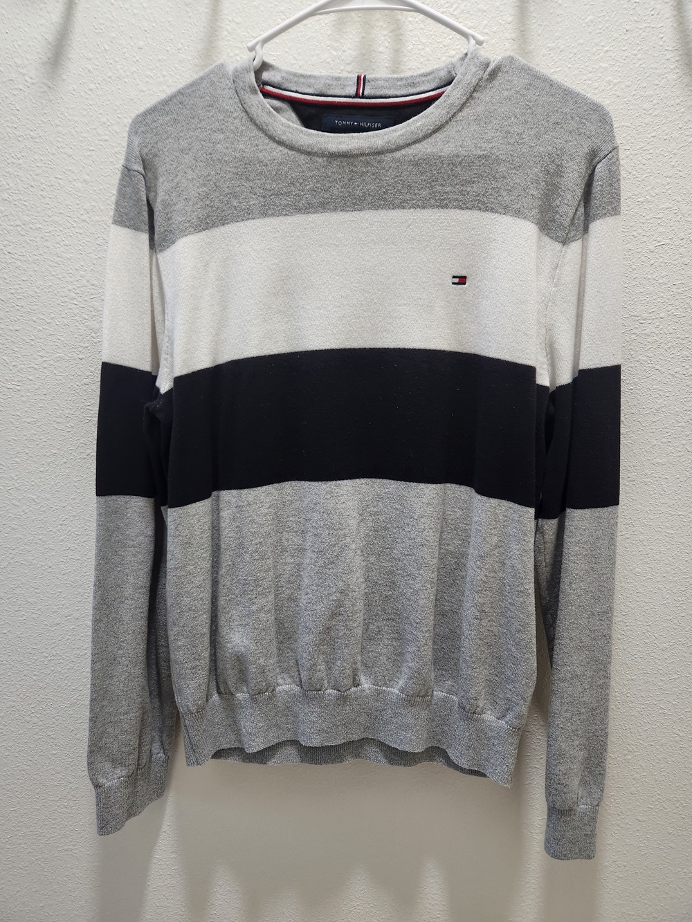 Tommy Hilfiger Gray, White & Black Striped Crewneck Sweater